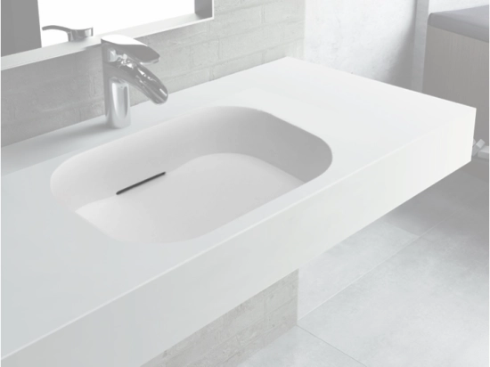 Plan vasque système d’évacuation discret L 50 à 201 x P 40 à 51 cm, finition lisse mate, 10 couleurs, Anti bactérien, résine Akrytan® teinté dans la masse, Livraison Offerte.